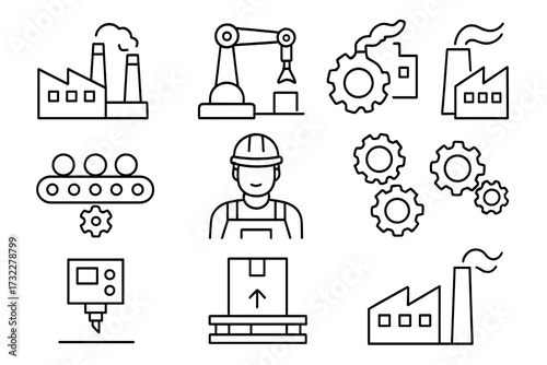 Industrial manufacturing and factory production outline icon set. Automation, robotic arm, conveyor belt, worker, logistics, and heavy industry symbols. Editable stroke vector.