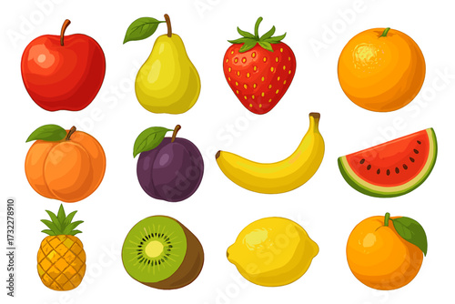 Fruit and berry collection. Summer fruits set icon. Apple, pear, strawberry, orange, peach, plum, banana, watermelon, pineapple, kiwi, lemon. Vector illustration for healthy food.