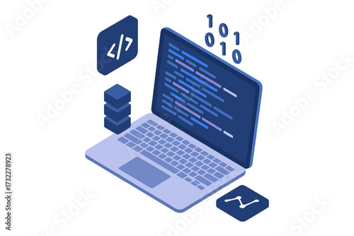Web software development concept for programming and coding. Isometric laptop with big data processing, database server and analytics icon. App creation and computing vector.