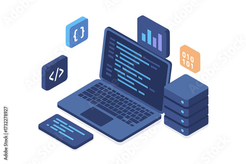 Web software development concept for programming and coding. Isometric illustration of a laptop with big data processing, cloud computing, server database, and mobile app design.