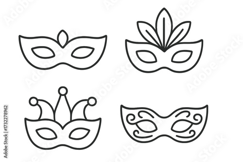 Set of carnival masks line icons. Masquerade party symbol collection. Venetian festival, Mardi Gras celebration. Editable stroke vector. Theatre costume, mystery, disguise concept.