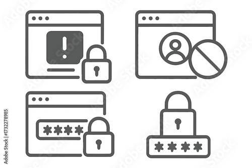 Cybersecurity icon set for web page security and data protection. Vector line icons for password login, user access denied, blocked account and authentication page concepts.