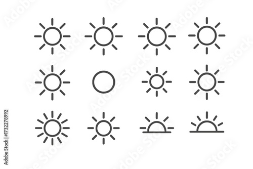 Sun line icon set. Weather forecast symbol collection. Minimalist pictograms. Sunshine, sunlight, sunrise, sunset concepts. Editable stroke vector for app and web design.