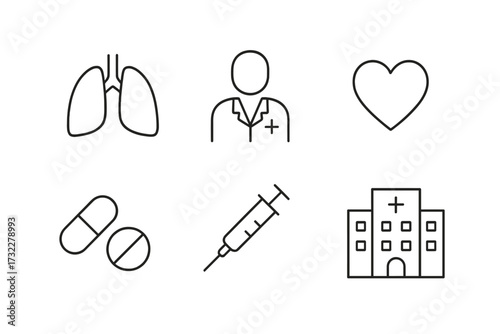Healthcare line icon set. Hospital, clinic, doctor, lungs, heart, pills, syringe symbols. Medical outline vector pictogram collection for web, mobile app, and UI design.