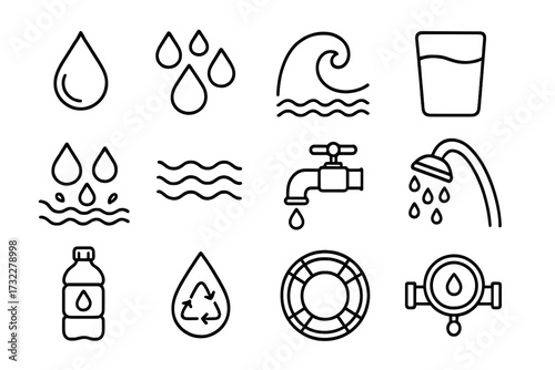 Water icon set collection. Simple line art symbols. Drop, liquid, wave, sea, ocean, drink, glass. Faucet, shower, bottle, recycle, plumbing. Clean aqua vector illustration.
