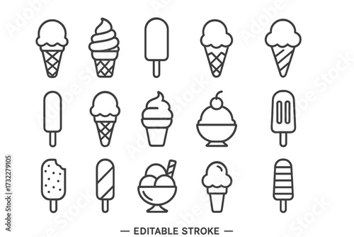 Ice cream thin line icons collection. Editable stroke vector icon set. Summer dessert food symbols. Popsicle, sundae, gelato, cone, soft serve pictogram for web, app.