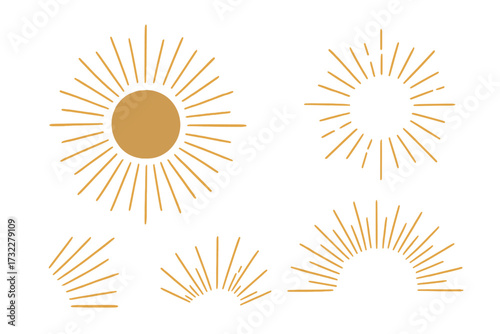 Sunburst vector elements collection. Hand drawn sun rays, vintage sunshine sketch icons. Abstract boho logo design. Retro sunrise, sunset light ray decorative graphic elements set.