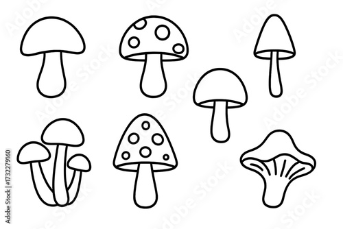 Mushroom icon set. Fungi collection in simple line art style. Vector illustration of various forest mushrooms like amanita and chanterelle for logo, coloring book or web design.