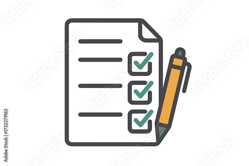 Checklist icon with pen. Survey form with check marks. Successful completion, passed exam or test. To-do list, questionnaire assessment. Task management. Vector illustration.