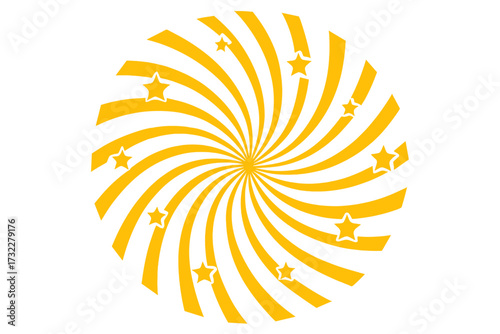 Swirling radial pattern with stars. Abstract vector background of a vortex, starburst, and spiral twirl. Helix rotation rays create a fun, dizzy, hypnotic graphic effect.