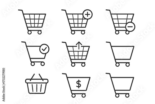 Shopping cart line icon set for e-commerce. Online store and webshop symbols. Add to cart, remove item, checkout, purchase, buy signs. Vector pictogram collection for apps.