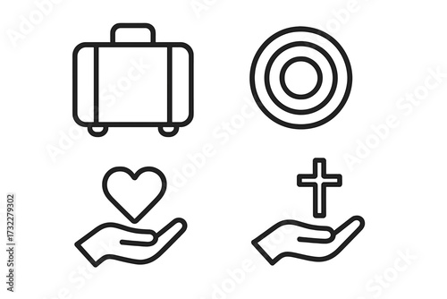 Travel, faith, love, goals icon set. Line icons bundle with suitcase, cross, heart in hand, and target symbol. Outline vector signs for UI, UX, web, mobile app design.