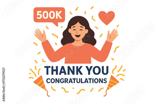 Thank you 500k followers. Woman celebrates social media milestone. 500000 subscribers. Congratulations banner for network fans. Blogger success. Follower appreciation post.
