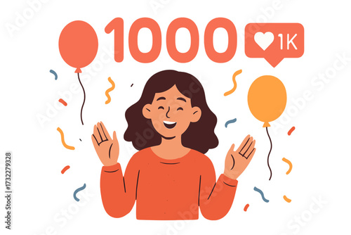 Thank you 1000 followers. Blogger celebrates 1k subscribers and a social media milestone. Influencer appreciation post with a happy woman. Vector illustration for a banner.