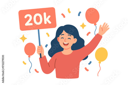 Thank you 20k followers. Woman celebrating 20000 subscribers. Social media milestone. Blogger or influencer goal achievement. Congratulation card banner for web post. Vector.