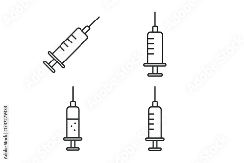 Syringe line icon set. Medical vector collection for vaccination, immunization and healthcare. Simple outline needle, injection and dose symbols for clinic and hospital concepts.
