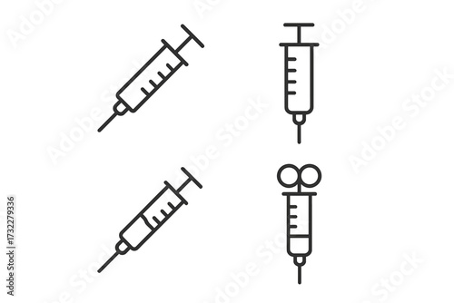 Syringe line icon set for medical, health, and vaccination concepts. Simple vector outline illustration of injection tools. Editable stroke icons for web and app design.