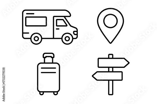 Travel and vacation icon set. Motorhome, map pin, baggage, and direction pointer. Thin line icons for road trip and adventure. Editable stroke vector illustration for web, app.
