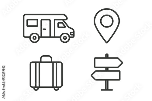Motorhome road trip and camping vacation icon set. Includes camper van, location pin, baggage, and direction signpost. Simple linear icons for travel and navigation concepts.