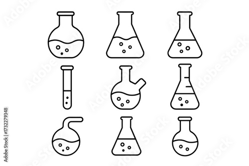 Science lab equipment icon set. Chemistry glassware collection with flask, beaker, test tube. Chemical experiment, research, potion concept. Linear outline vector symbols.