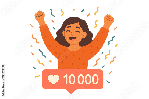Happy woman celebrates 10000 followers. Thank you 10k subscribers. Social media marketing success concept. Blogger online community achievement. Vector congratulations banner.