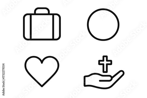 Minimalist line icon set with suitcase, heart, cross on hand, and circle symbols. Vector outline pictograms for business, faith, love and web design, UI, UX, apps.