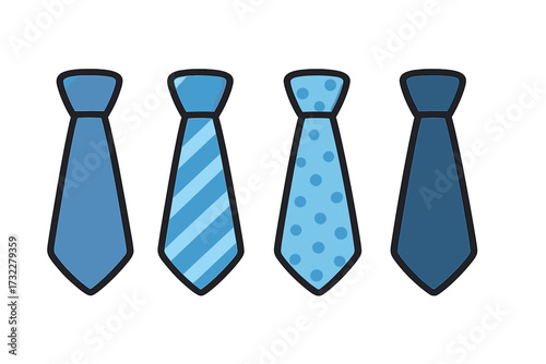 Collection of blue neckties with various patterns. Vector icon set for business and fashion. Menswear accessories illustration. Formal wear elements with striped and dotted ties.