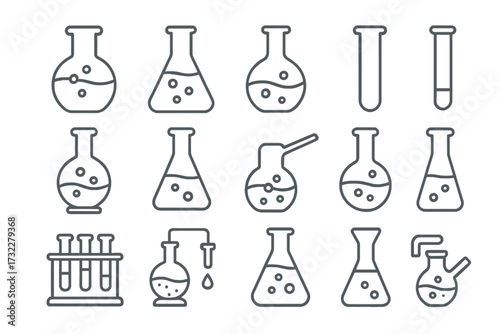 Chemistry lab glassware outline icon set. Science laboratory equipment symbols. Vector flask, beaker, test tube for research, experiment. Editable stroke linear illustration.
