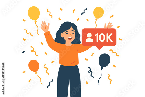 Thank you 10k followers. Happy blogger celebrates 10000 subscribers. Social media success. Influencer marketing milestone concept. Web banner for community goal achievement.