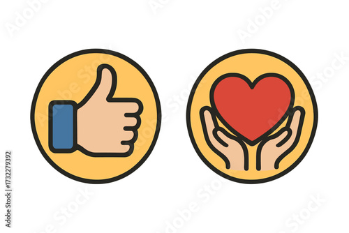 Thumbs up and heart in hands icon set. Social media reaction buttons for like, love, care, and support. Vector illustration for positive feedback and user engagement.
