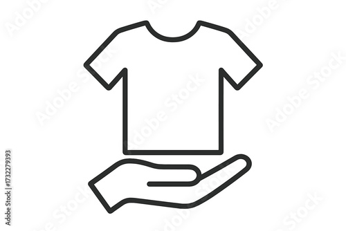 Hand holding T-shirt line icon. Concept for clothes donation, charity, laundry service, or apparel store. Minimal vector symbol for fashion business, social help, or retail.