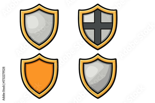 Vector cartoon shield set for game UI. Collection of medieval knight crests and emblems. Golden, silver, and bronze icons for security, safety, and protection concepts.