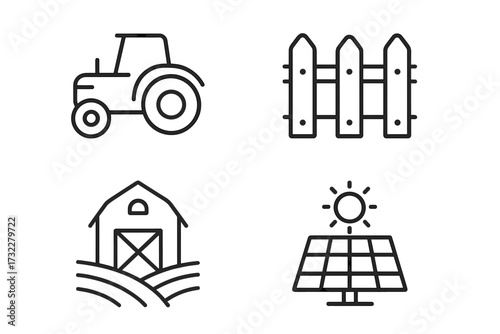 Simple linear agriculture illustration with icons of tractor, fence, farm landscape, solar energy panel, sustainable farming symbols, modern rural lifestyle vector design for apps, web, cards