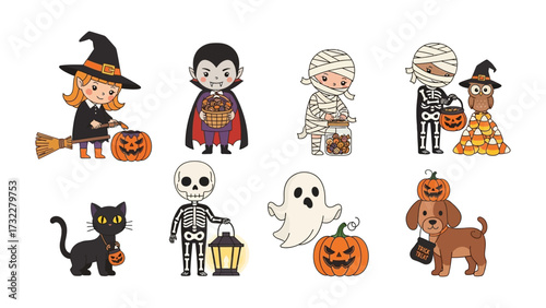 Whimsical Halloween Character Collection: A set of adorable cartoon characters dressed in Halloween costumes, including a witch, vampire, mummy, skeleton, ghost, black cat, dog and holding a pumpkin.