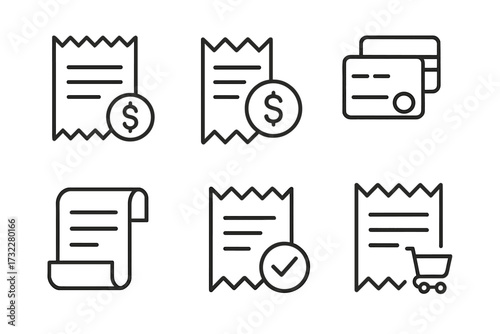 Store receipt line icon pack with editable stroke, minimalistic linear pictograms for cards, apps, banners, posts, and digital design, vector cartoon illustration set