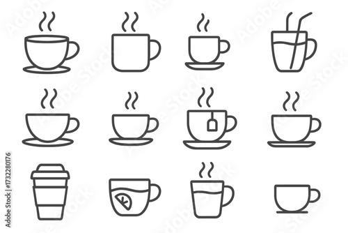 Thin line coffee cup icons collection, editable stroke set for web, apps, books, cards design, transparent background, vector cartoon coffee mugs, tea and hot drink symbols
