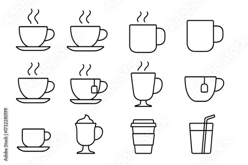 Thin line coffee and beverage icons collection, editable stroke vector set for web design, apps, cards, books, transparent background, hot and cold drinks illustration pack
