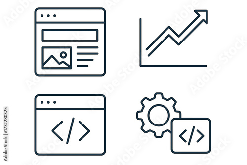 Web page design and programming icons set, editable stroke vector collection with code, development, analytics, and settings elements for infographics, articles, banners