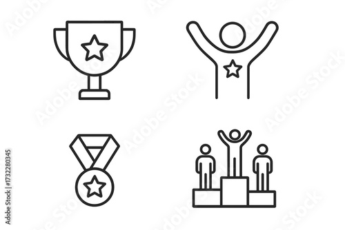 Winner and pedestal line icons collection with trophy, medal, and champion figures. Editable stroke vector illustration for web, apps, cards, books, and design projects.