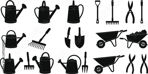 Gardening tools icon set, black silhouette illustrations, watering can, shovel, rake, wheelbarrow, pruning shears, hedge clippers, spade, garden design elements