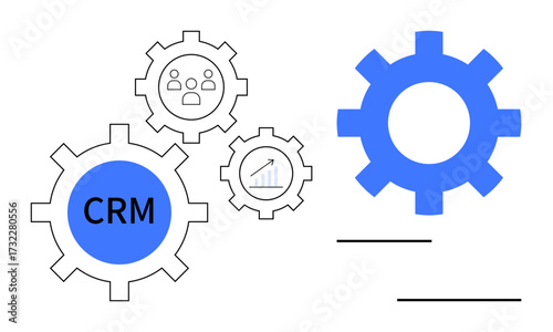 Gears with CRM, team network, analytics graph, and growth elements symbolizing connected processes. Ideal for business, collaboration, growth strategy, CRM system, teamwork automation