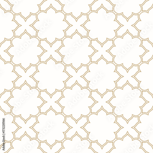 Golden abstract geometric seamless pattern in arabesque style. Vector ornamental lines texture, elegant floral lattice, grid. Luxury Islamic background. Elegant gold and white ornament, repeat design