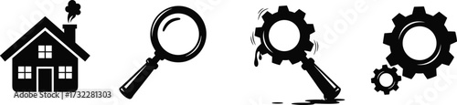 Icons set with house, magnifying glass, gear inspection, and machinery symbolizing home, search, technical analysis, engineering, mechanical process, and system