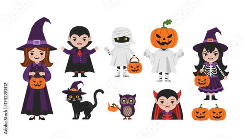 Whimsical Halloween Characters Collection: A delightful array of playful Halloween figures and decorations in a vibrant, illustrated scene. Capturing the essence of the holiday.