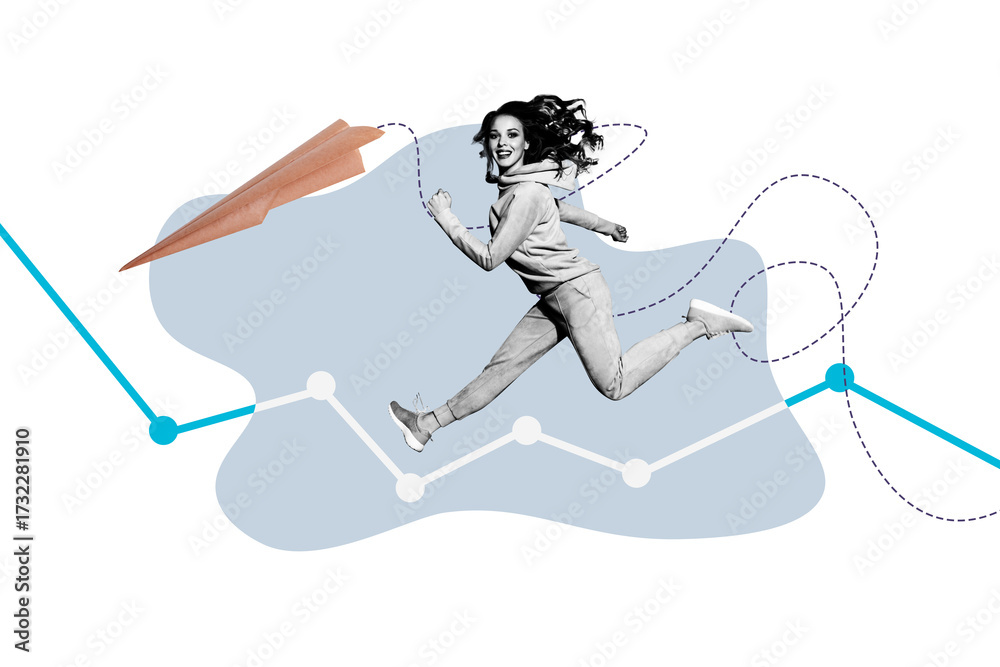 Fototapeta premium Creative abstract template collage of funny young female running graph career data unusual fantasy billboard comics