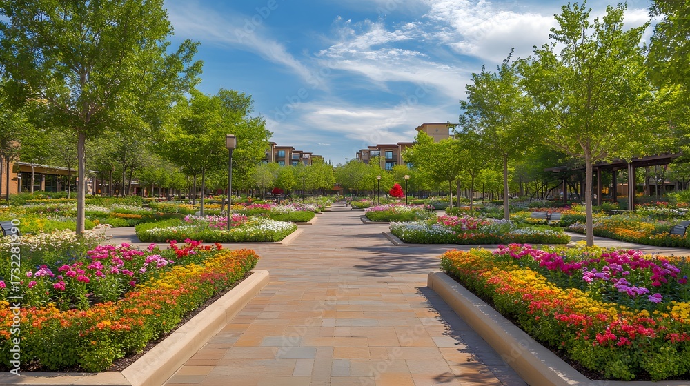 Fototapeta premium Lush public garden with blooming flower beds, stone walkway in a landscaped park, vibrant summer garden landscape with green trees and blue sky