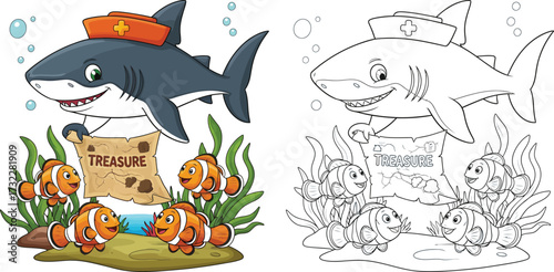 Cartoon Nurse Shark and Happy Clownfish Discovering an Underwater Treasure Map