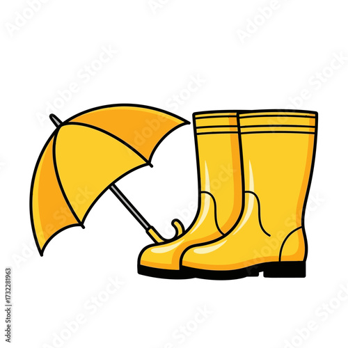 Vector illustration autumn rainy day nice walk in rubber yellow boots umbrella yellow leaves chestnuts puddle after rain for children magazine cartoon book