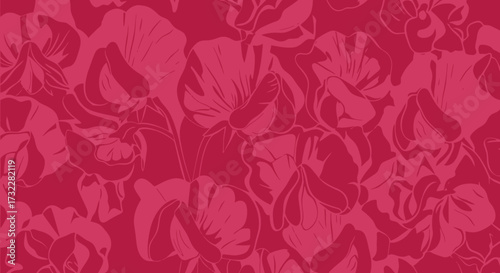 Floral pattern of layered, outlined shapes in a vibrant pink-red hue