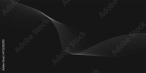Wave of flowing vanishing particles vector abstract background, curvy lines dots in motion over black relaxing illustration, smoke like image.